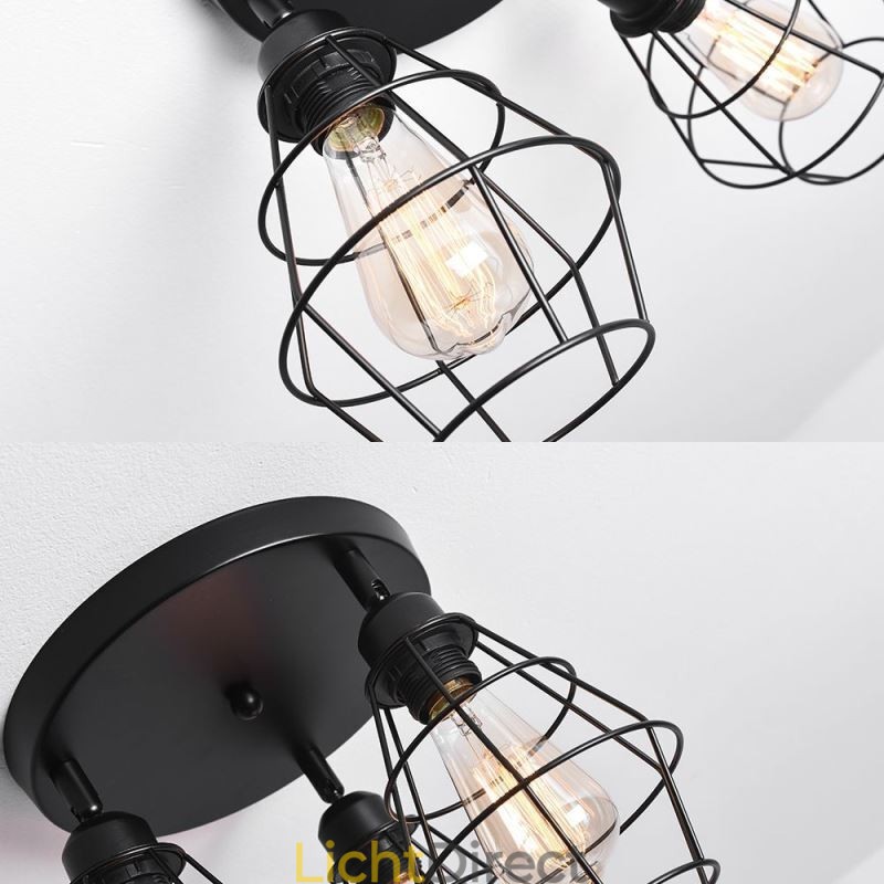 Industriële plafondlamp met 3 lampen in de vorm van een metalen kooi