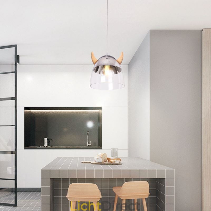 Klassieke glazen hanglamp, houten hoornlamp, creatieve verlichting