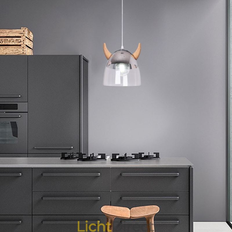 Klassieke glazen hanglamp, houten hoornlamp, creatieve verlichting