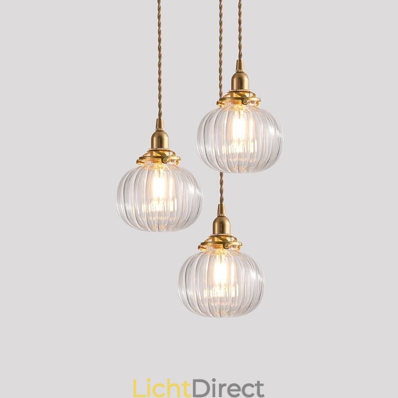 Glazen hanglamp, helder, rond, geribbeld, pompoenvormig, lamp, 1 lichtbron