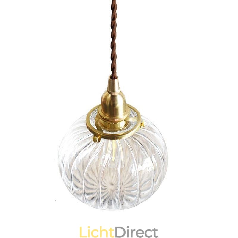 Glazen hanglamp, helder, rond, geribbeld, pompoenvormig, lamp, 1 lichtbron