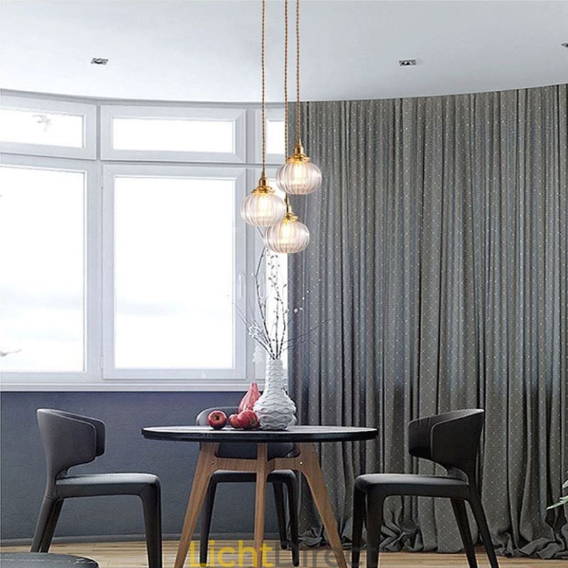 Glazen hanglamp, helder, rond, geribbeld, pompoenvormig, lamp, 1 lichtbron