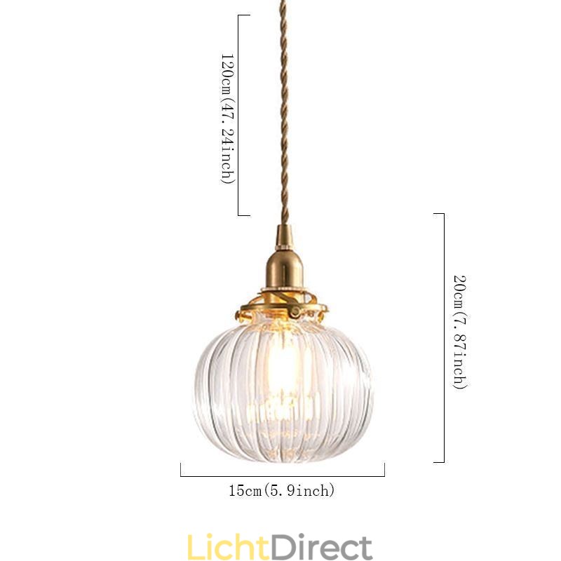 Glazen hanglamp, helder, rond, geribbeld, pompoenvormig, lamp, 1 lichtbron