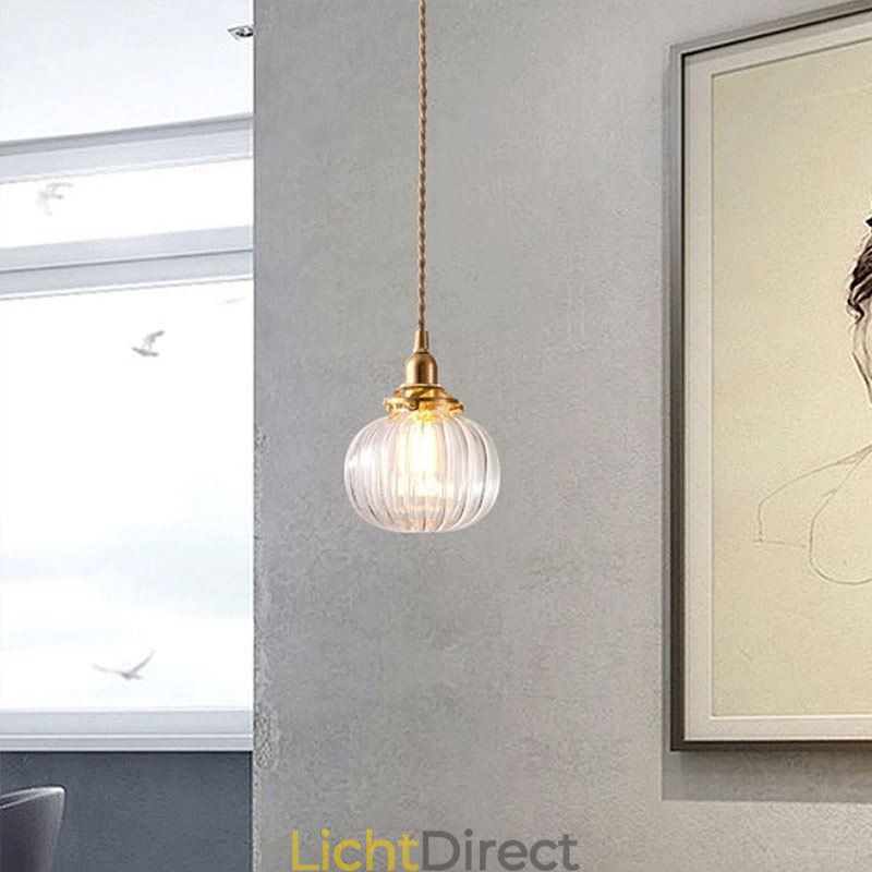 Glazen hanglamp, helder, rond, geribbeld, pompoenvormig, lamp, 1 lichtbron