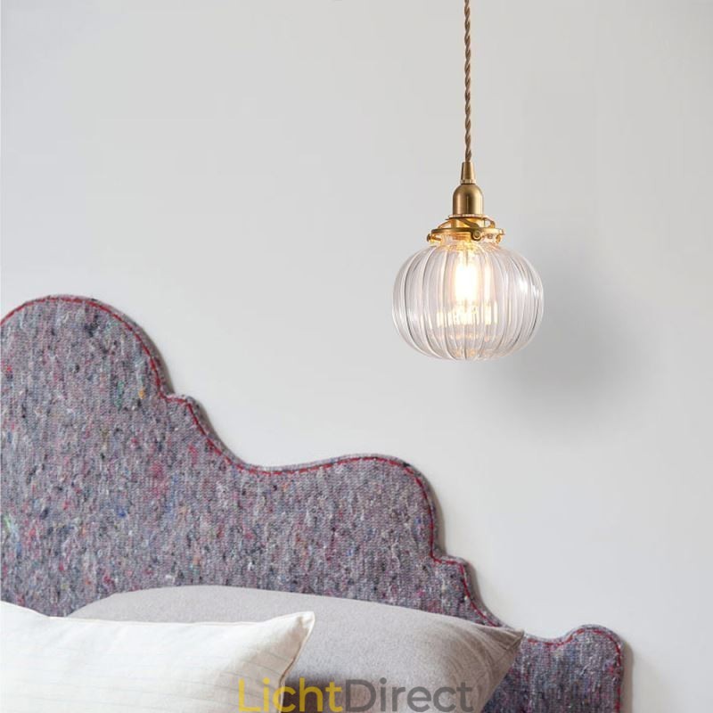 Glazen hanglamp, helder, rond, geribbeld, pompoenvormig, lamp, 1 lichtbron