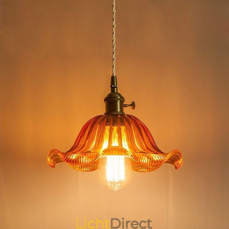 Vintage kleurrijke geribbelde glazen hanglamp met bloemenkap en draaischakelaar