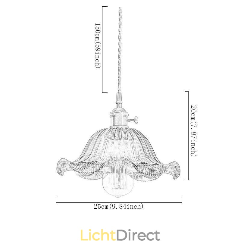 Vintage kleurrijke geribbelde glazen hanglamp met bloemenkap en draaischakelaar