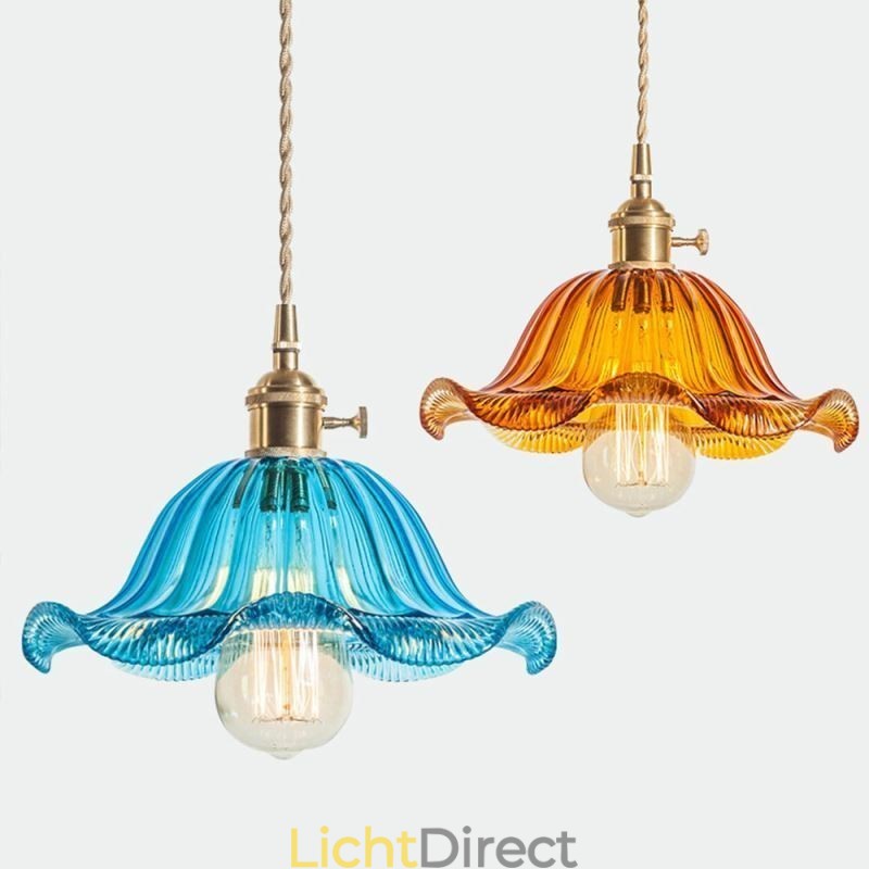 Vintage kleurrijke geribbelde glazen hanglamp met bloemenkap en draaischakelaar