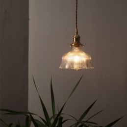 Grote Dome hanglamp van helder geribbeld glas met messing houder en draaischakelaar