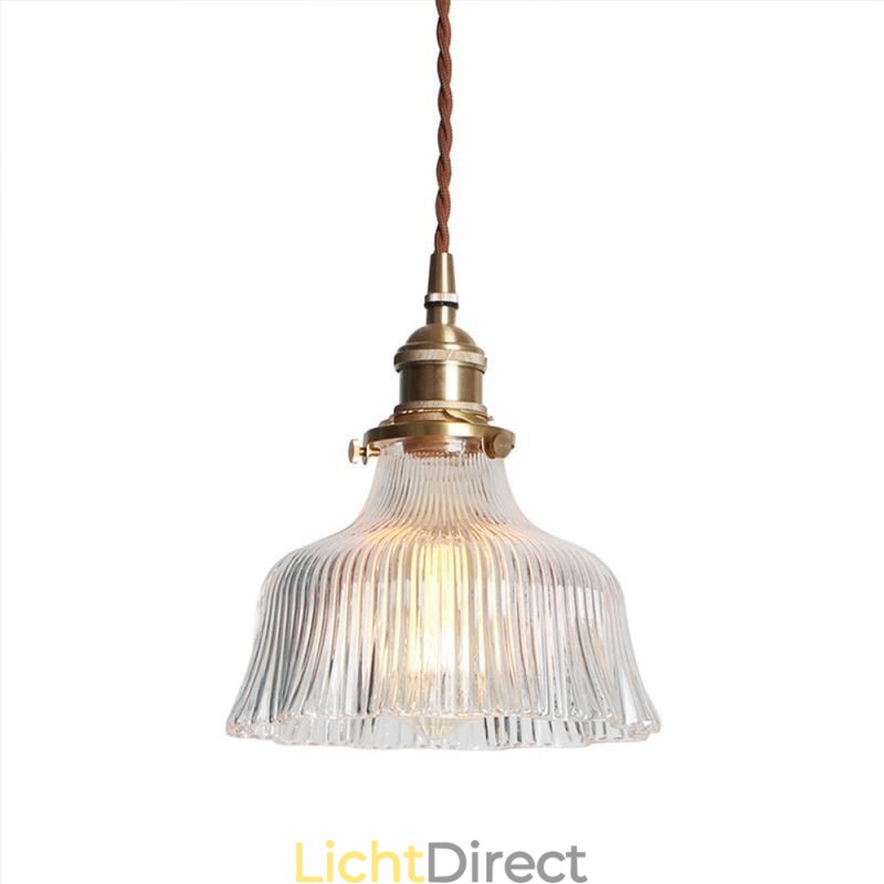 Grote Dome hanglamp van helder geribbeld glas met messing houder en draaischakelaar