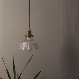 Grote Dome hanglamp van helder geribbeld glas met messing houder en draaischakelaar