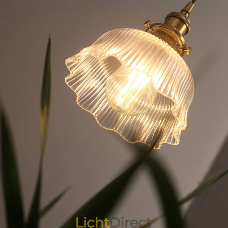 Grote Dome hanglamp van helder geribbeld glas met messing houder en draaischakelaar