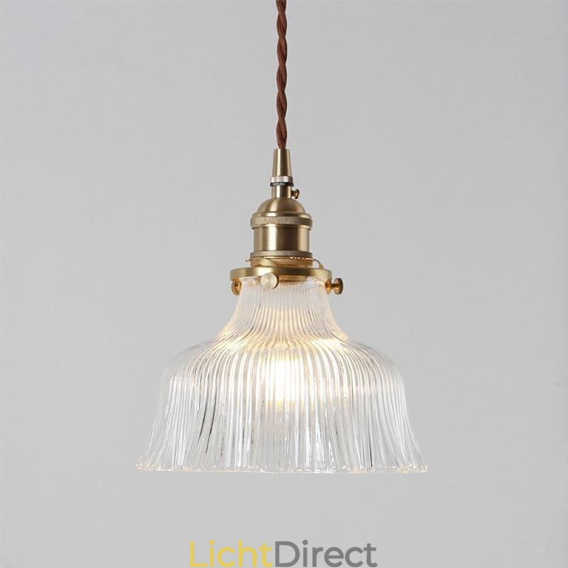Grote Dome hanglamp van helder geribbeld glas met messing houder en draaischakelaar