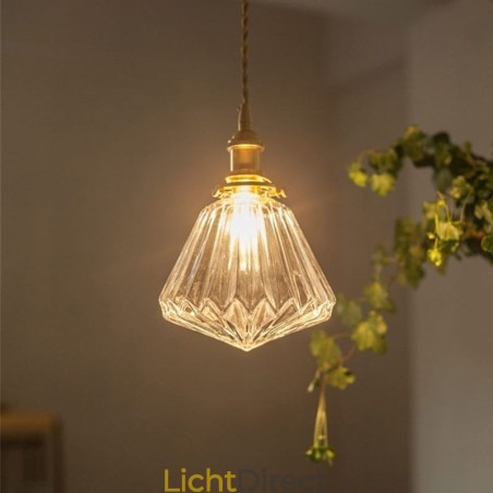 Hanglamp van helder geribbeld glas met diamantmotief