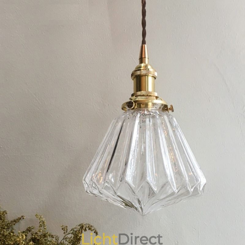 Hanglamp van helder geribbeld glas met diamantmotief