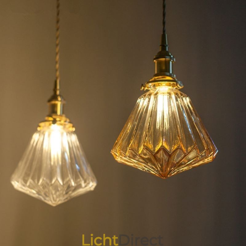 Hanglamp van helder geribbeld glas met diamantmotief