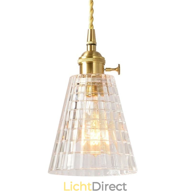 Vierkante, heldere, geribbelde glazen hanglamp van messing met draaischakelaarverlichting
