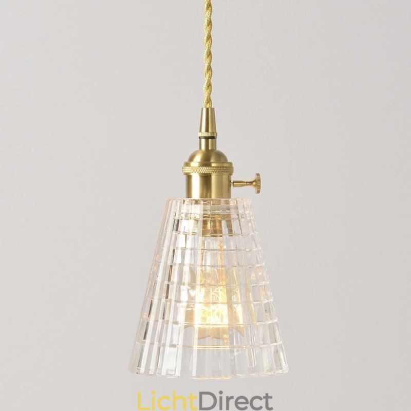 Vierkante, heldere, geribbelde glazen hanglamp van messing met draaischakelaarverlichting