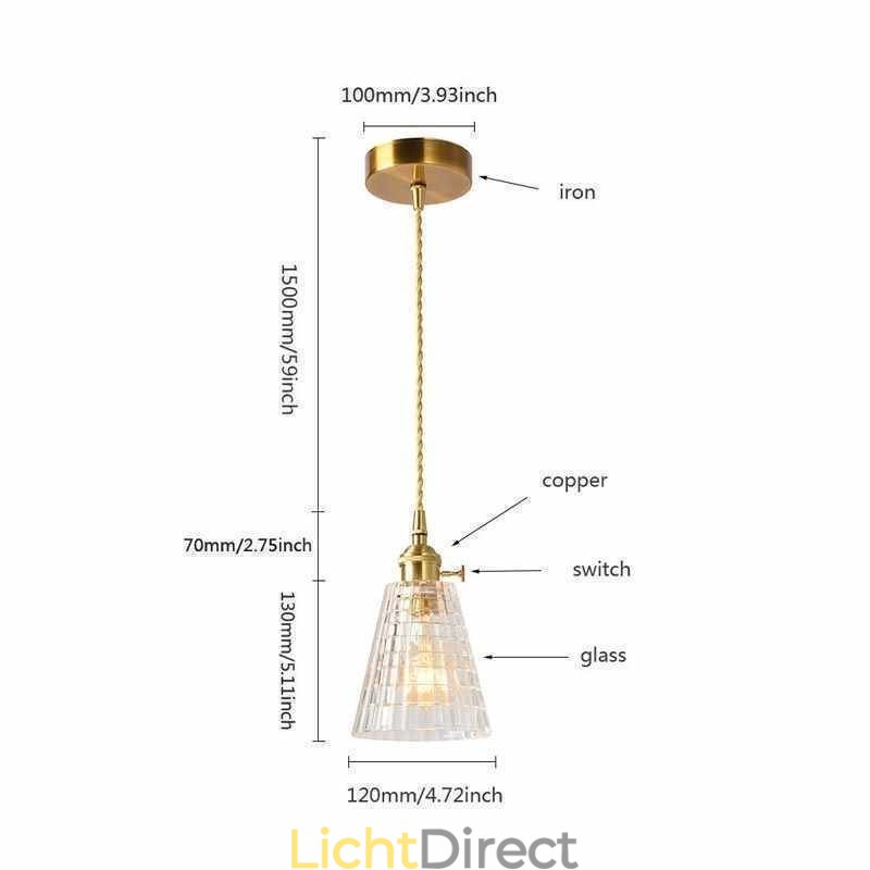 Vierkante, heldere, geribbelde glazen hanglamp van messing met draaischakelaarverlichting