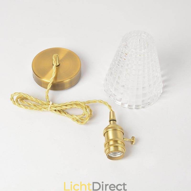 Vierkante, heldere, geribbelde glazen hanglamp van messing met draaischakelaarverlichting