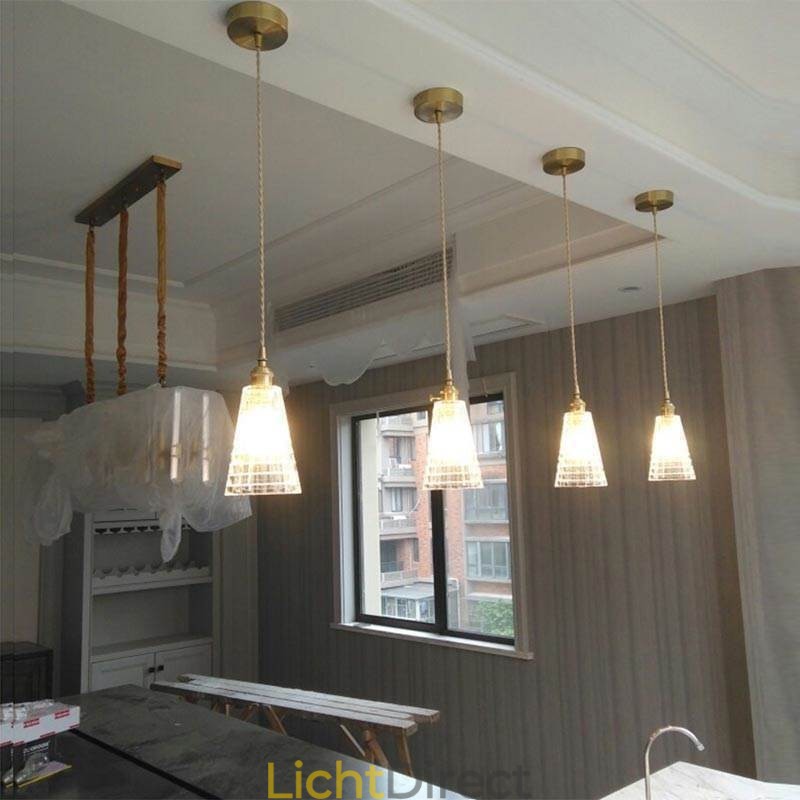 Vierkante, heldere, geribbelde glazen hanglamp van messing met draaischakelaarverlichting