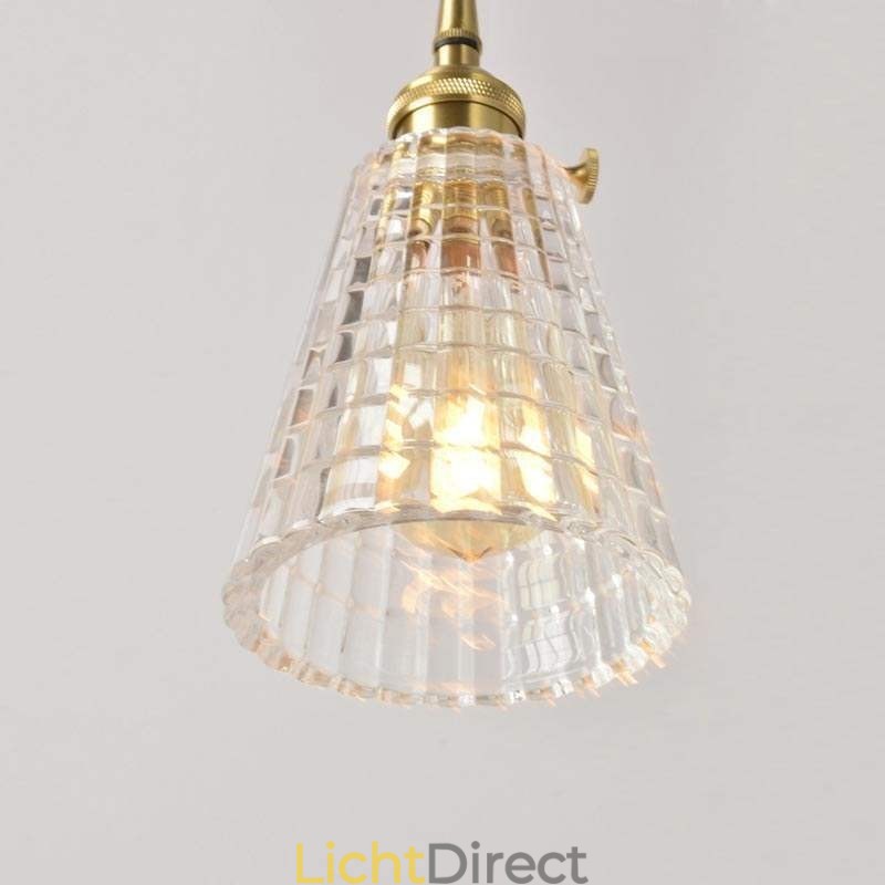Vierkante, heldere, geribbelde glazen hanglamp van messing met draaischakelaarverlichting
