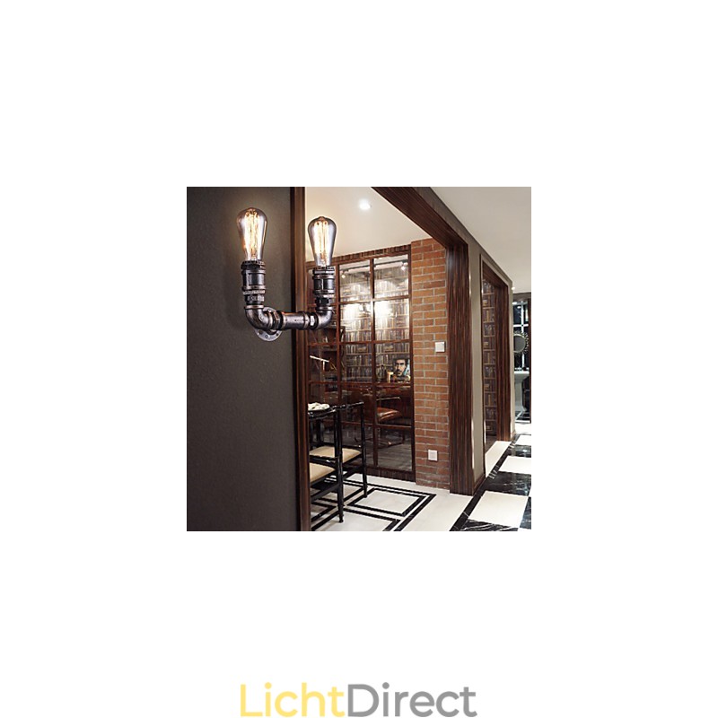 2 lampen vintage metalen waterpijp wandlamp met Edison-gloeilamp