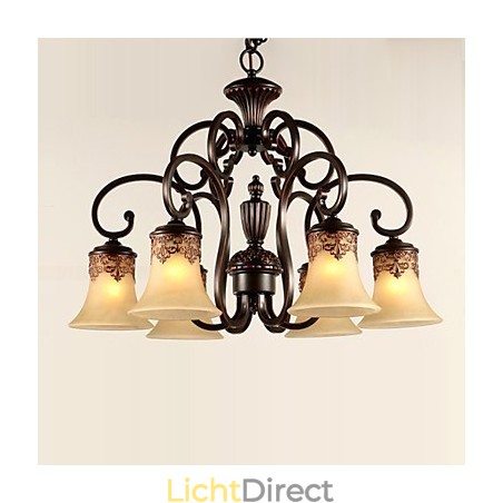 Kroonluchter Hanglamp 6 Lampenkap Naar Beneden Vintage Landelijk Metaal+Glas Kroonluchter Hanglamp 6 Lampenkap Naar Beneden Vintage Landelijk Metaal+Glas