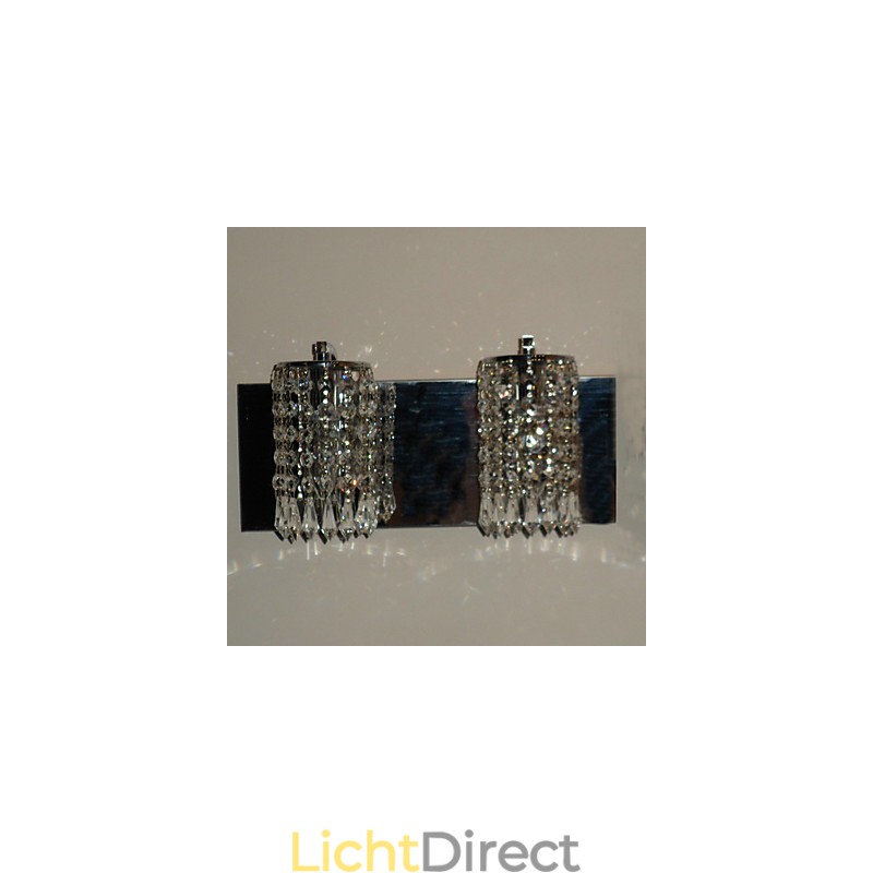 Moderne wandlamp met kristallen hangers en 2 lampen in gepolijst chroom
