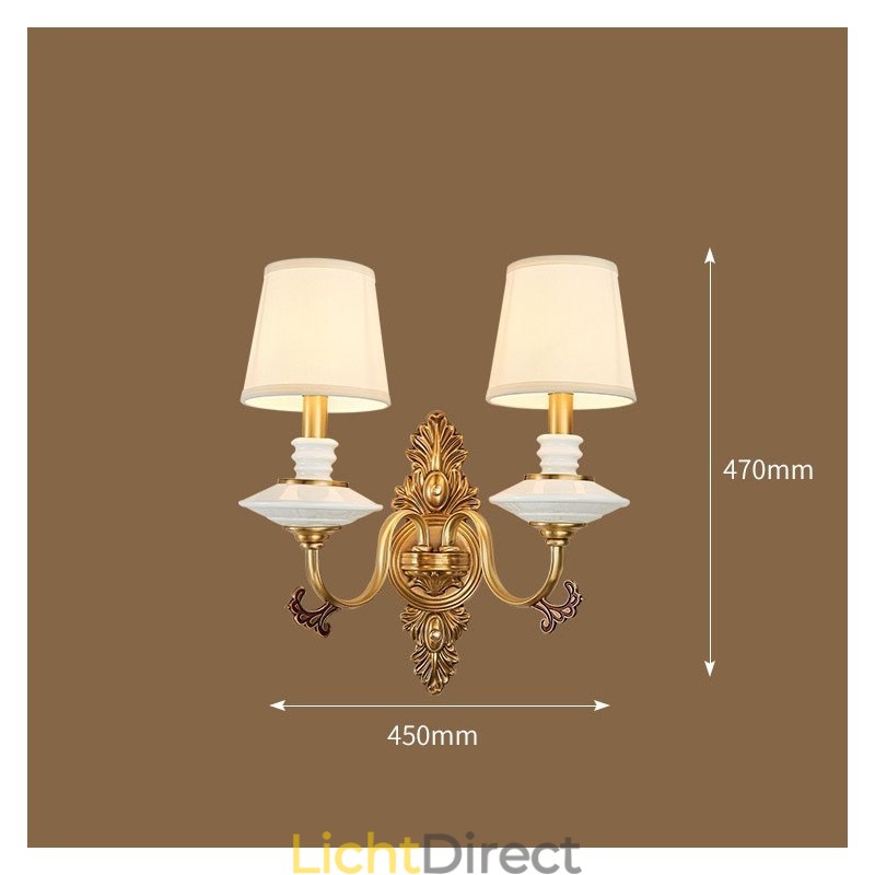 100% puur messing Luxe rustieke retro vintage messing keramiek 2 lichts kaars wandlamp met stoffen kappen Speciaal voor hotel kantoor showroom woonkamer eetkamer