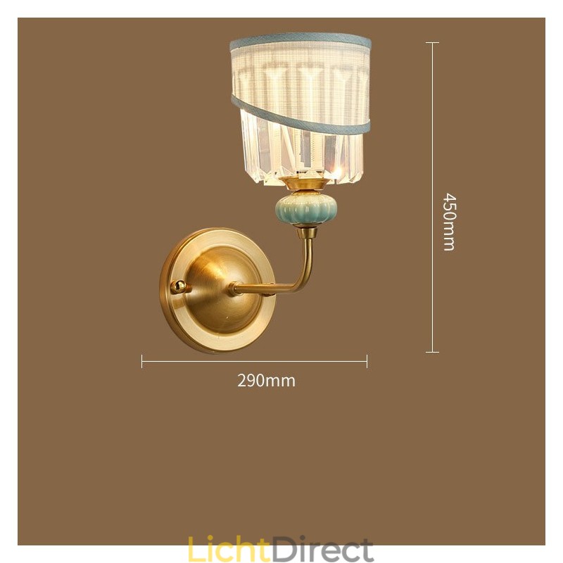 Puur messing luxe rustieke retro vintage messing keramiek 1 lichts kaars wandlamp met stoffen en kristallen kap speciaal voor hotel kantoor showroom woonkamer eetkamer