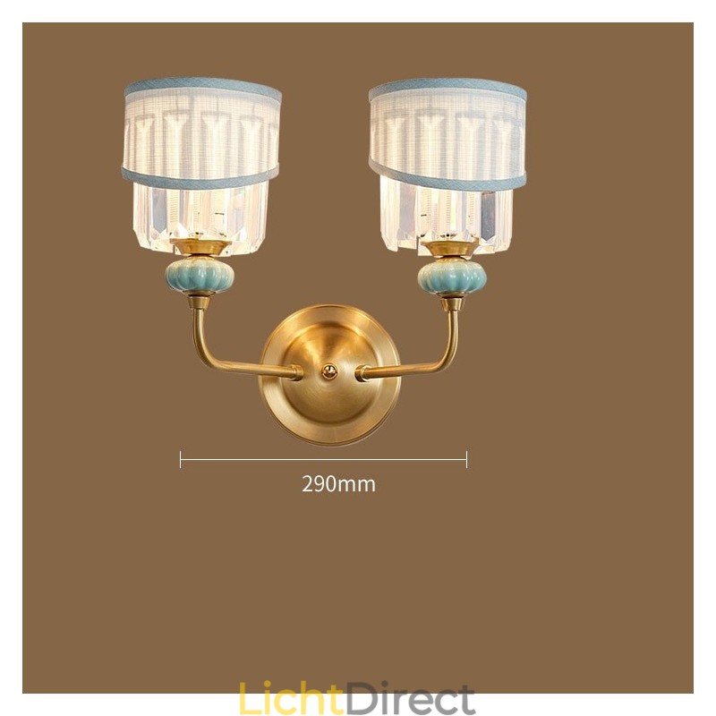 Puur messing luxe rustieke retro vintage messing keramiek 2 lichts kaars wandlamp met stoffen en kristallen kappen Speciaal voor hotel kantoor showroom woonkamer eetkamer