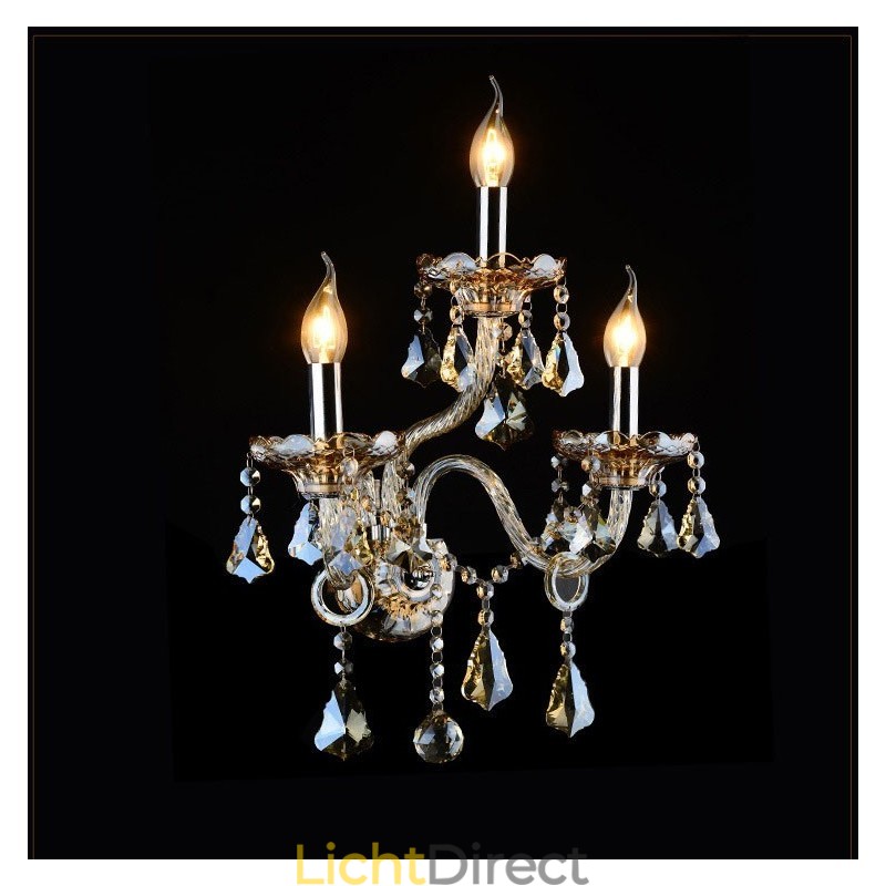 3-lichts bijpassende cognackleurige K9-kristallen kaars retro glazen wandlamp