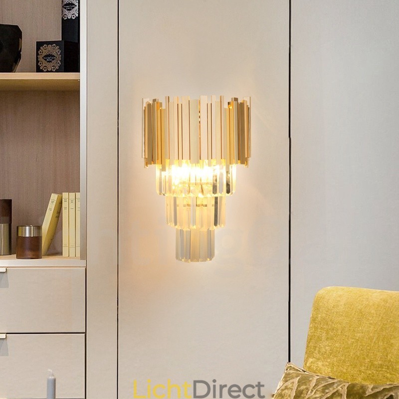 Goudkleurige bijpassende postmoderne luxe K9-kristallen wandlamp met kristallen kap