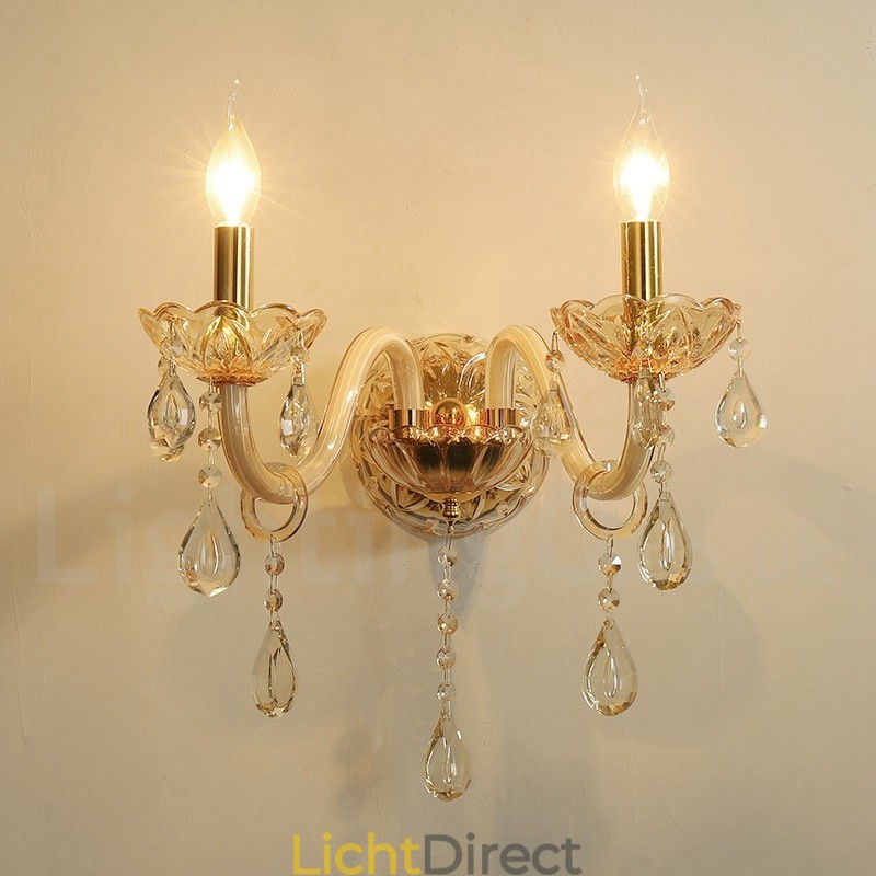 2 Lichts Gouden K9 Kristallen Kaars Retro Glazen Wandlamp