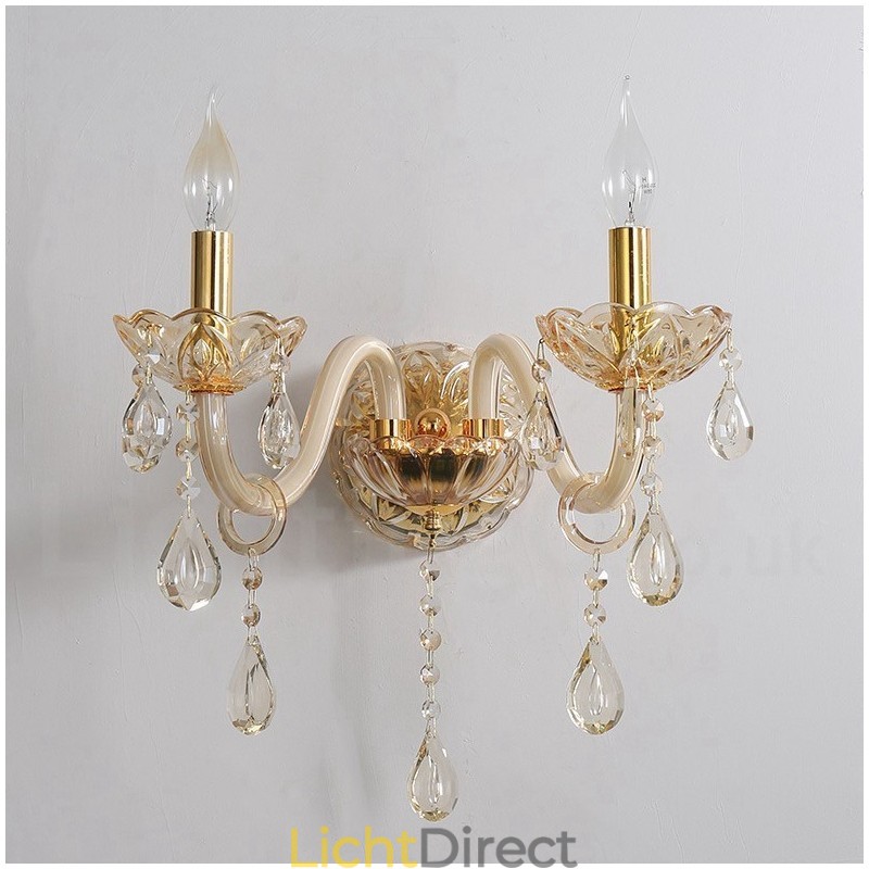 2 Lichts Gouden K9 Kristallen Kaars Retro Glazen Wandlamp