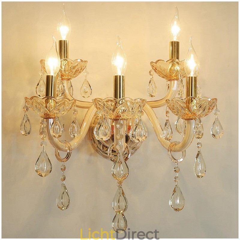5-lichts gouden K9-kristalkaars retro glazen wandlamp
