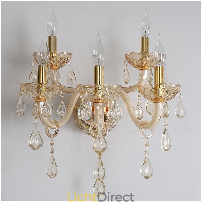 5-lichts gouden K9-kristalkaars retro glazen wandlamp