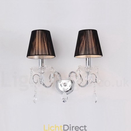 2-lichts chroomzilverkleurige K9-kristalkaars retro glazen wandlamp met zwarte stoffen kappen 2-lichts chroomzilverkleurige K9-kristalkaars retro glazen wandlamp met zwarte stoffen kappen