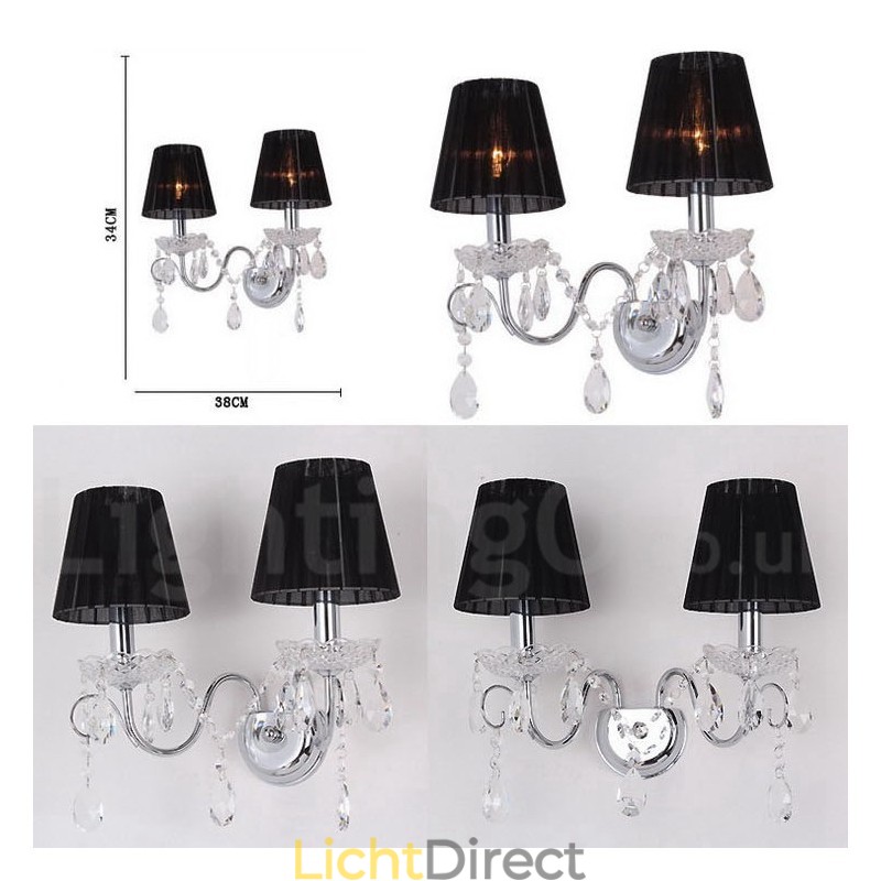 2-lichts chroomzilverkleurige K9-kristalkaars retro glazen wandlamp met zwarte stoffen kappen