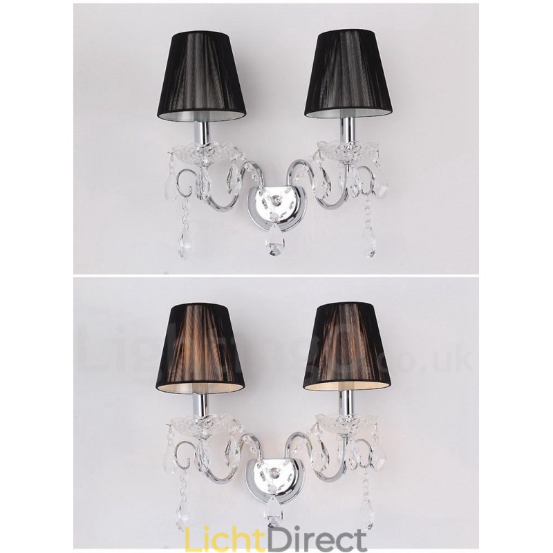 2-lichts chroomzilverkleurige K9-kristalkaars retro glazen wandlamp met zwarte stoffen kappen