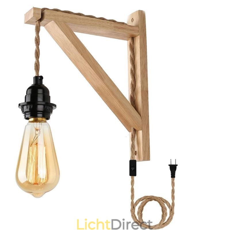 Wandlamp van massief hout, Amerikaanse pastorale retro wandlamp van henneptouw met stekker