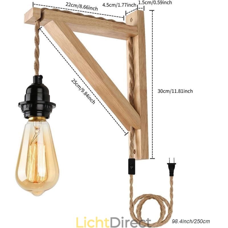 Wandlamp van massief hout, Amerikaanse pastorale retro wandlamp van henneptouw met stekker
