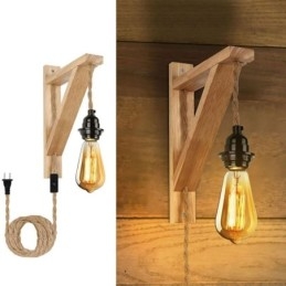 Wandlamp van massief hout, Amerikaanse pastorale retro wandlamp van henneptouw met stekker
