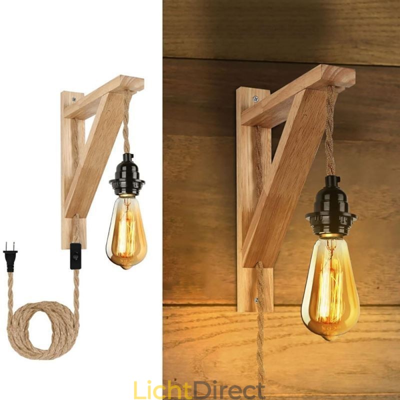 Wandlamp van massief hout, Amerikaanse pastorale retro wandlamp van henneptouw met stekker