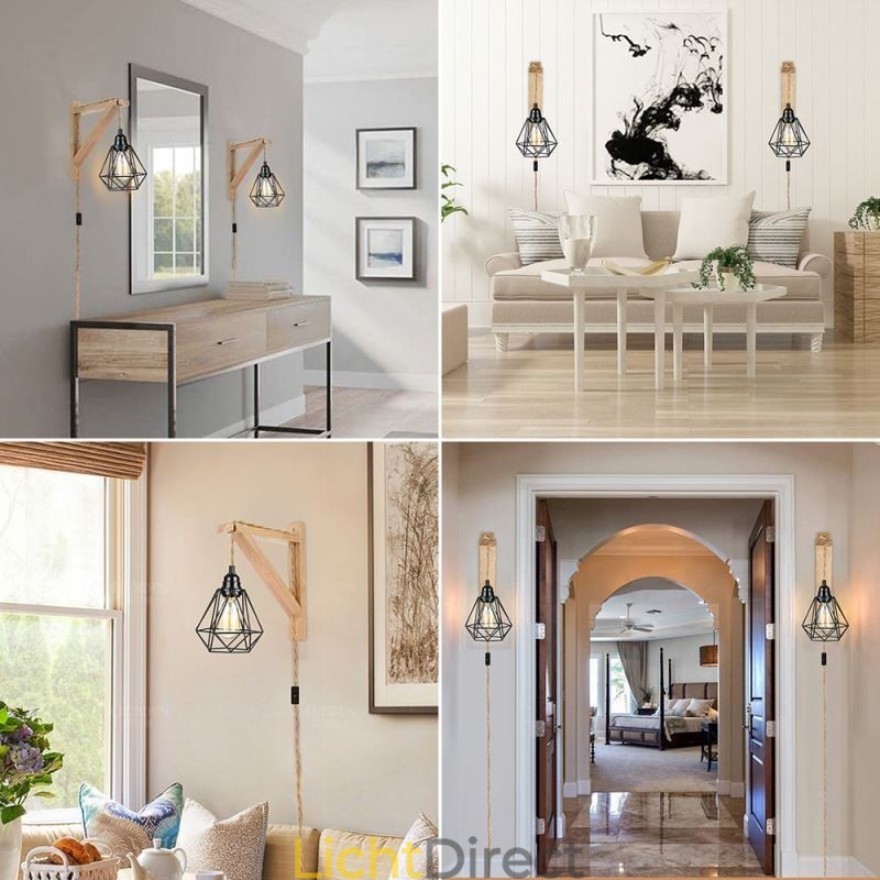 Amerikaanse Retro Wandlamp 2.5M Hennep Touw Hangdraad Zwarte IJzeren Geschilderde Lampenkap