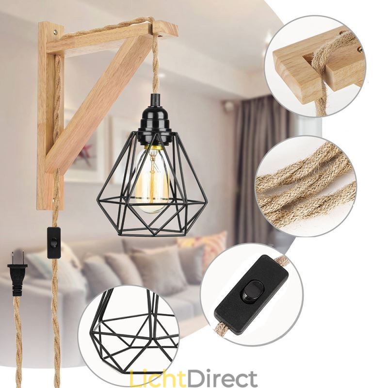 Amerikaanse Retro Wandlamp 2.5M Hennep Touw Hangdraad Zwarte IJzeren Geschilderde Lampenkap