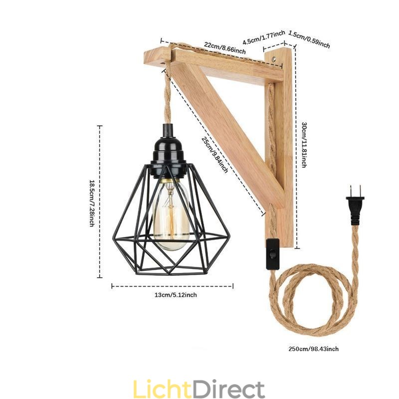 Amerikaanse Retro Wandlamp 2.5M Hennep Touw Hangdraad Zwarte IJzeren Geschilderde Lampenkap
