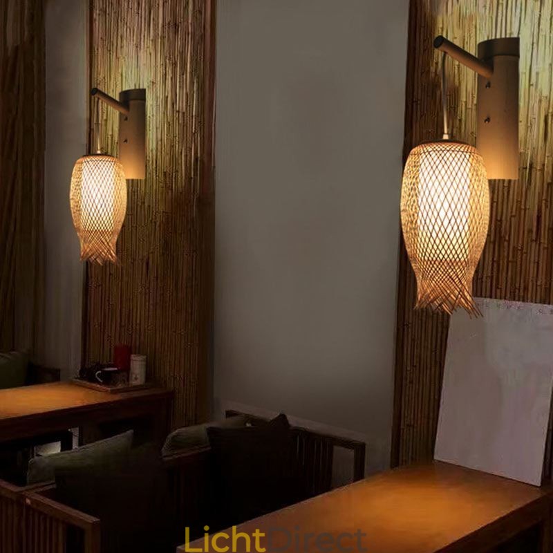 Neerwaartse Bamboe Wandlamp Landelijke Ronde Wandlamp Nachtkastje Theehuis Creatieve Verlichting