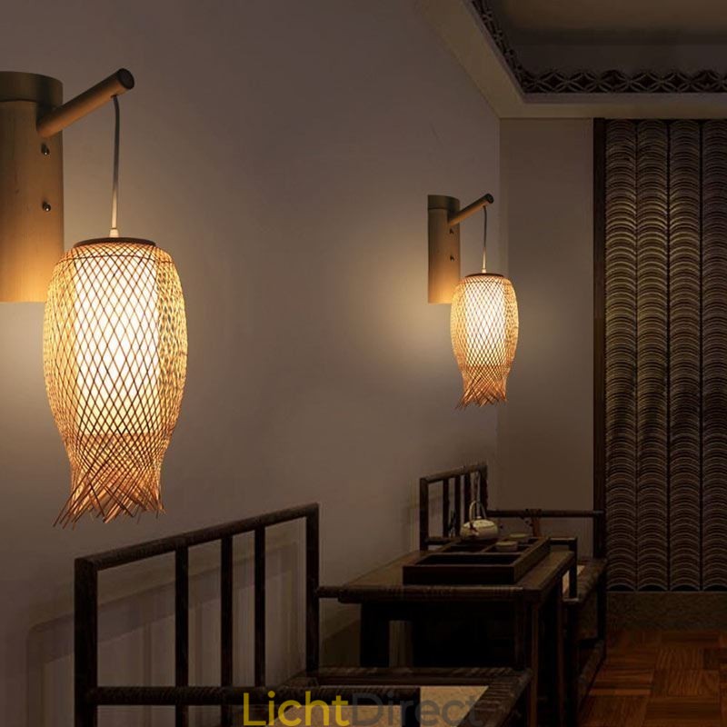 Neerwaartse Bamboe Wandlamp Landelijke Ronde Wandlamp Nachtkastje Theehuis Creatieve Verlichting